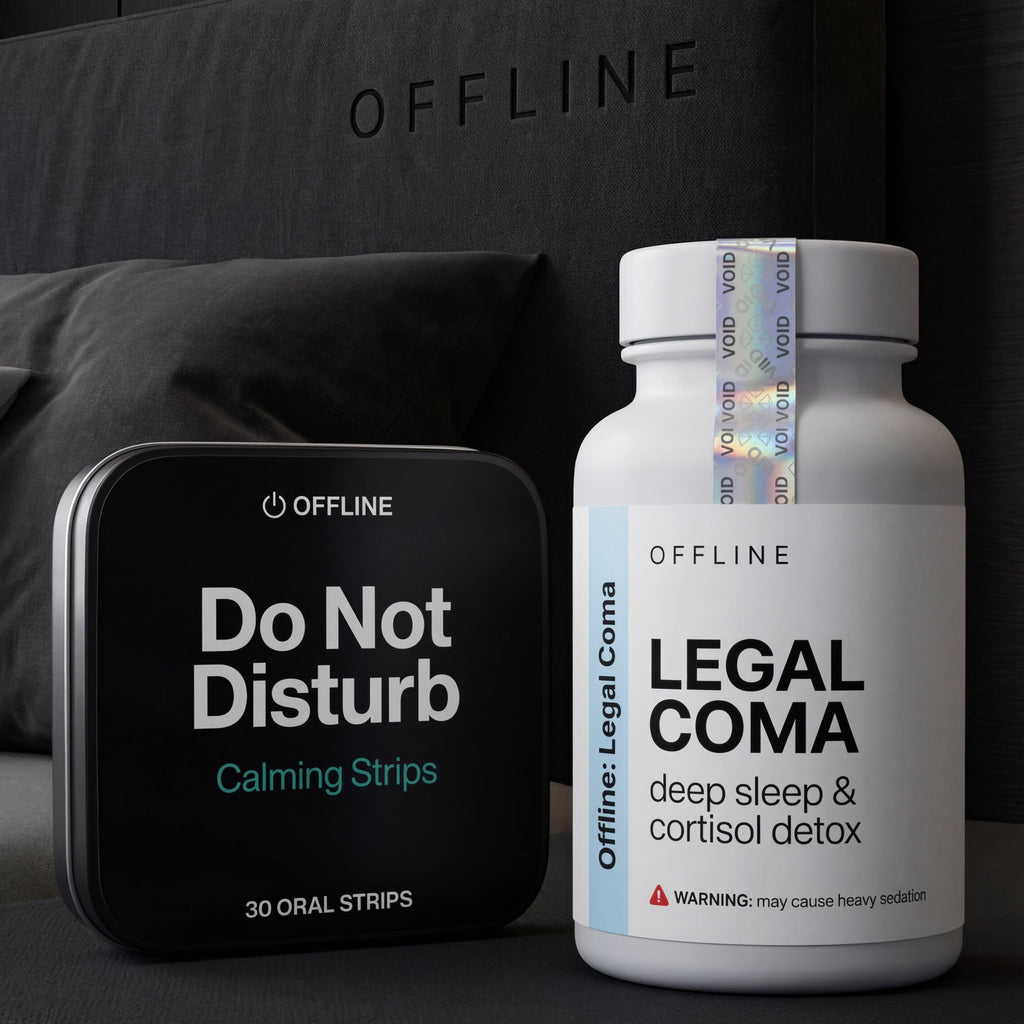Bottle labeled 'Legal Coma' and 'Do Not Disturb' on a dark surface with 'Offline' branding.