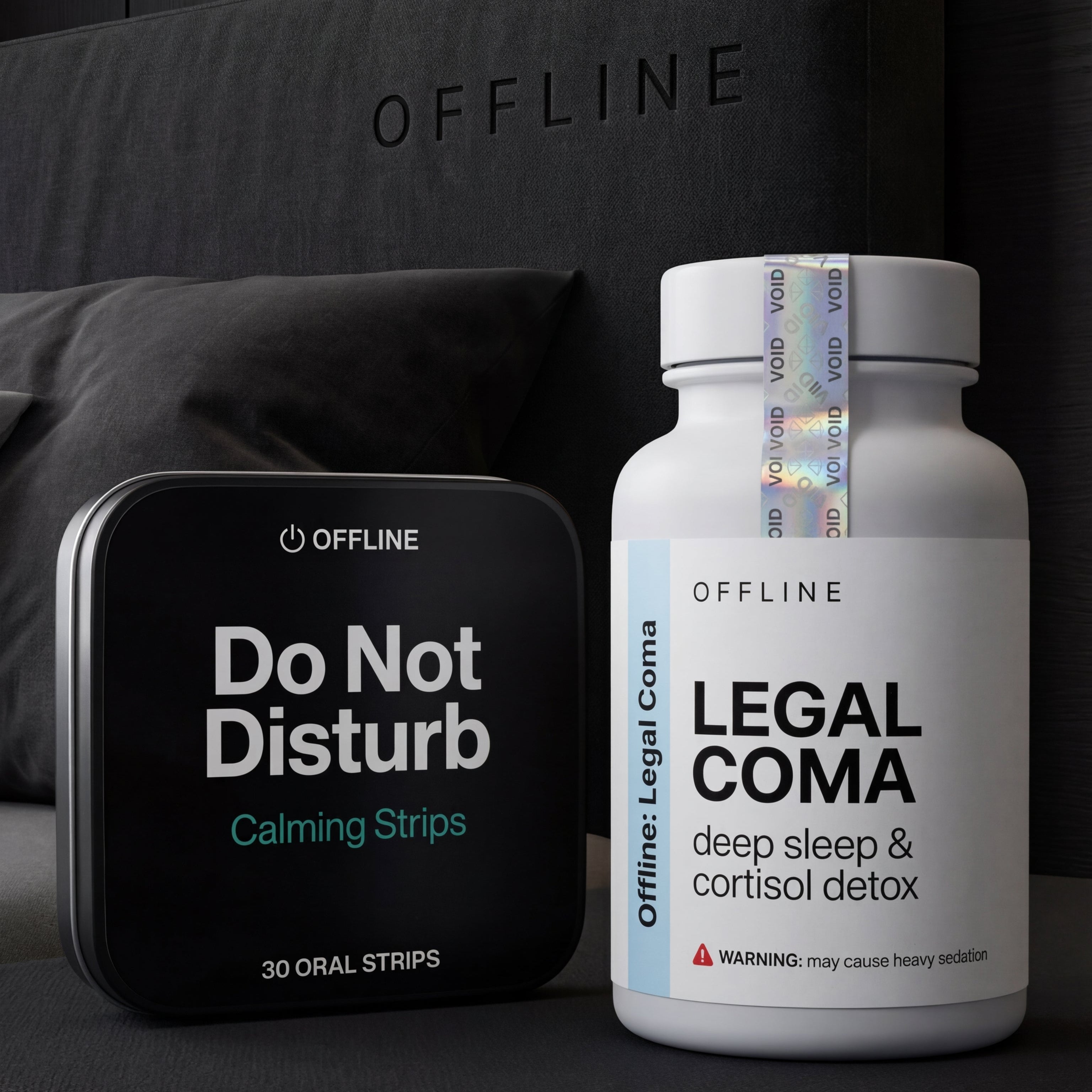 Bottle labeled 'Legal Coma' and 'Do Not Disturb' on a dark surface with 'Offline' branding.