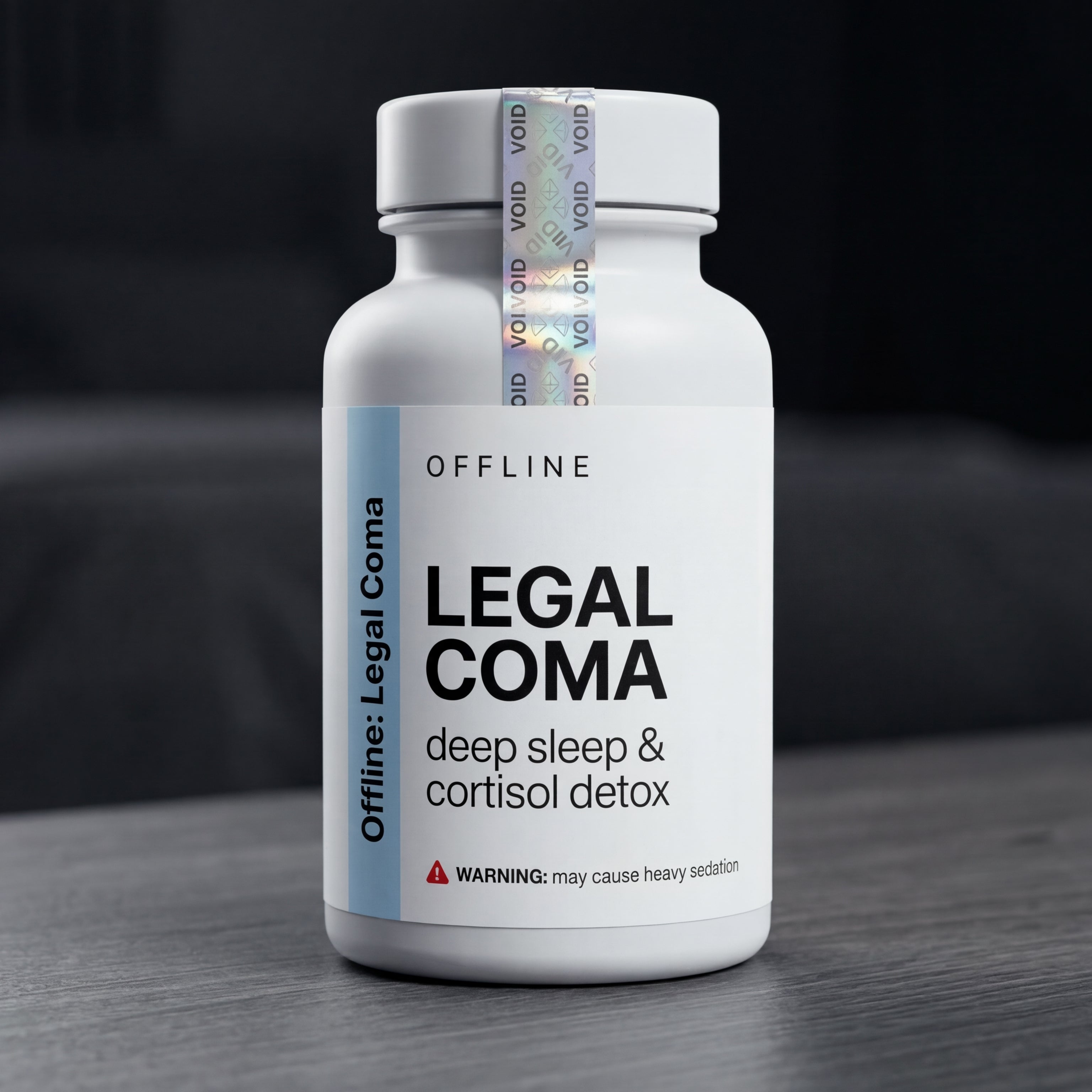 Bottle labeled 'Legal Coma' on a dark background