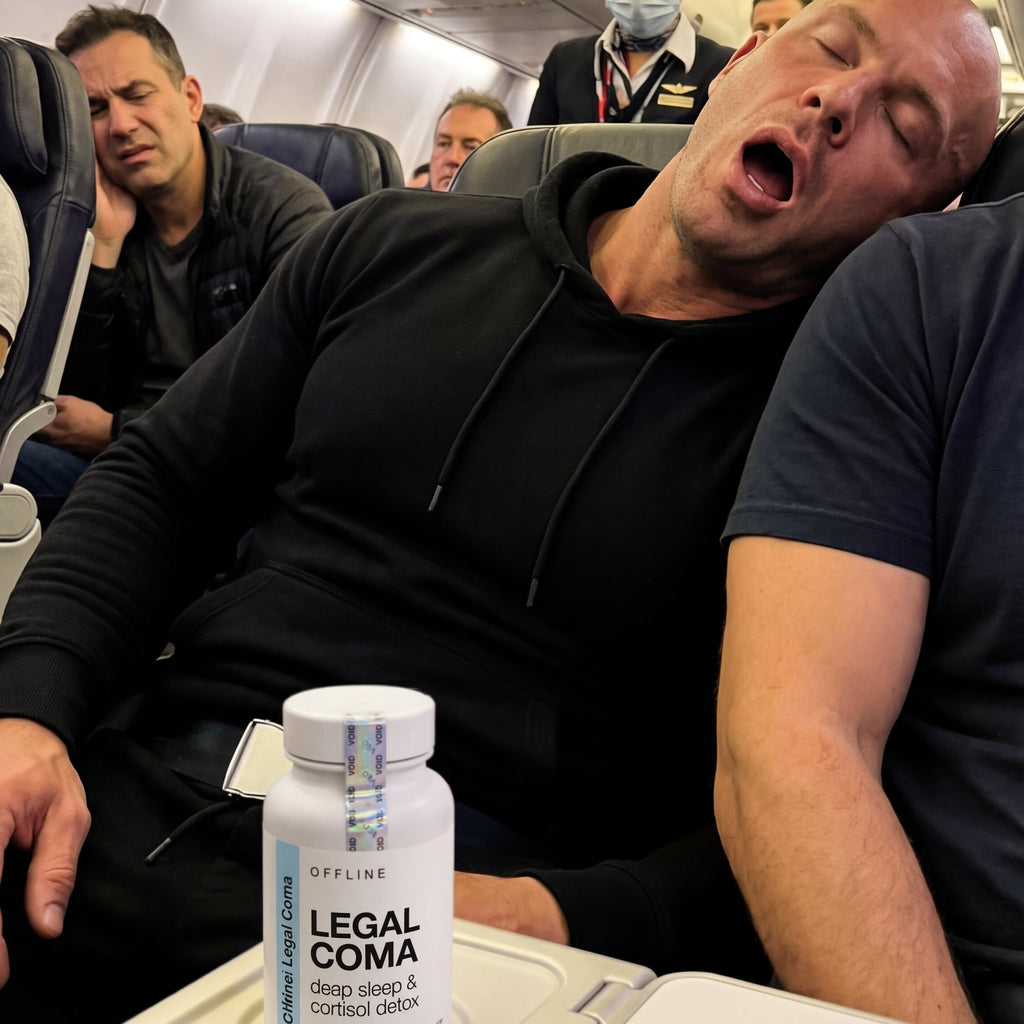 Man sleeping on an airplane with a bottle labeled 'Legal Coma' on the tray table.